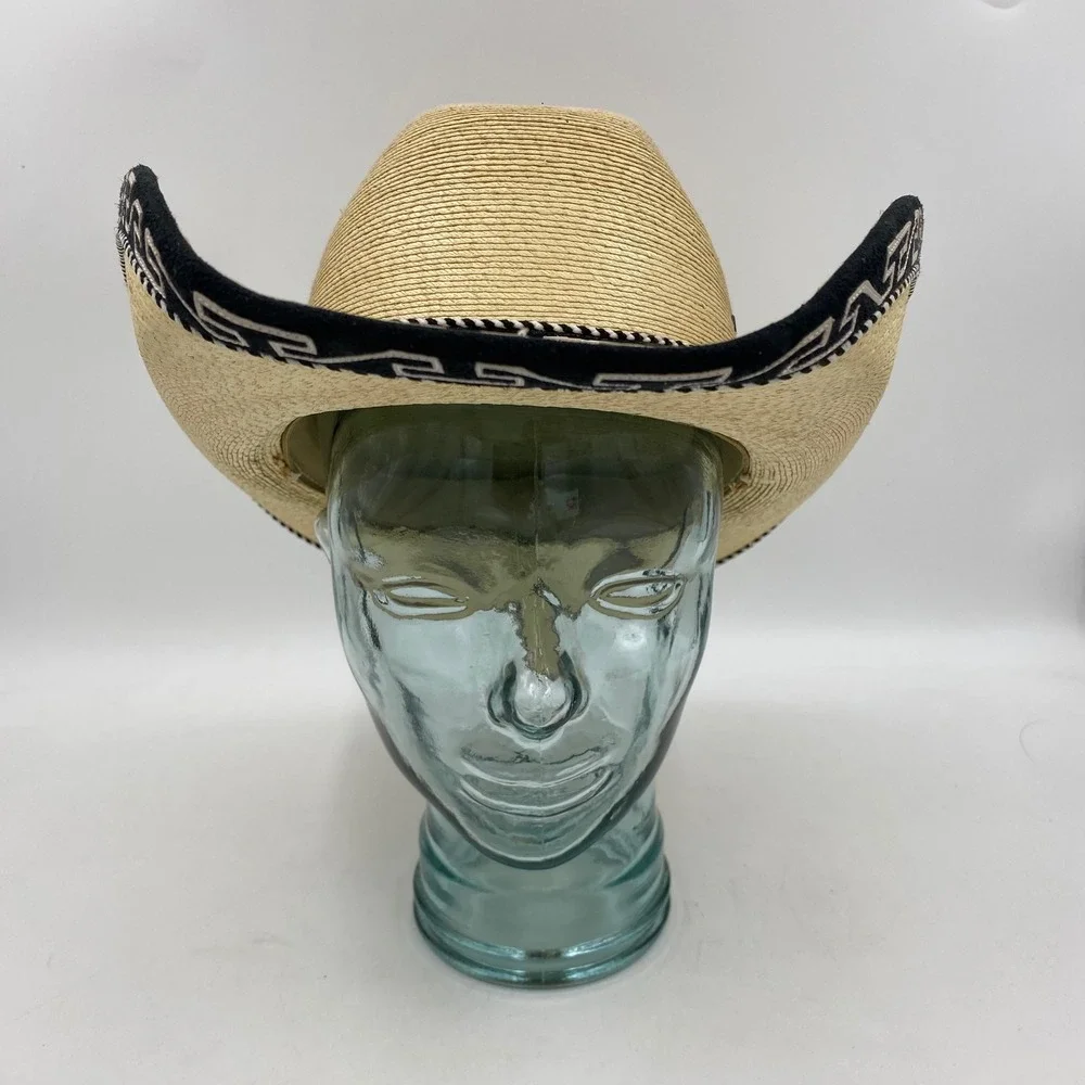 Large Straw Cowboy Hat Beige Black Greek Key Trim Western Rodeo Festival Charro